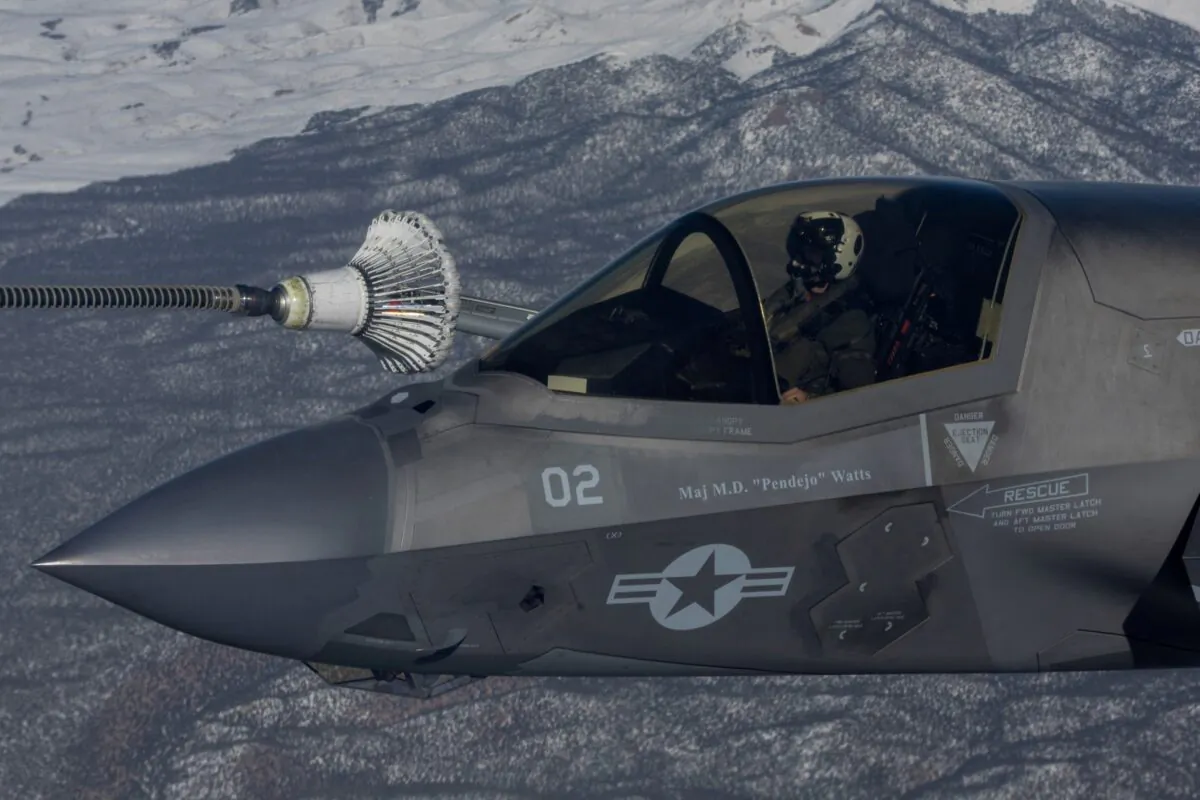 A F-35B aircraft from the U.S. Air Force refuels during the annual Red Flag military exercise between the United States, Britain and Australia, in Nevada on Feb. 8, 2023. (Carlos Barria/Reuters)