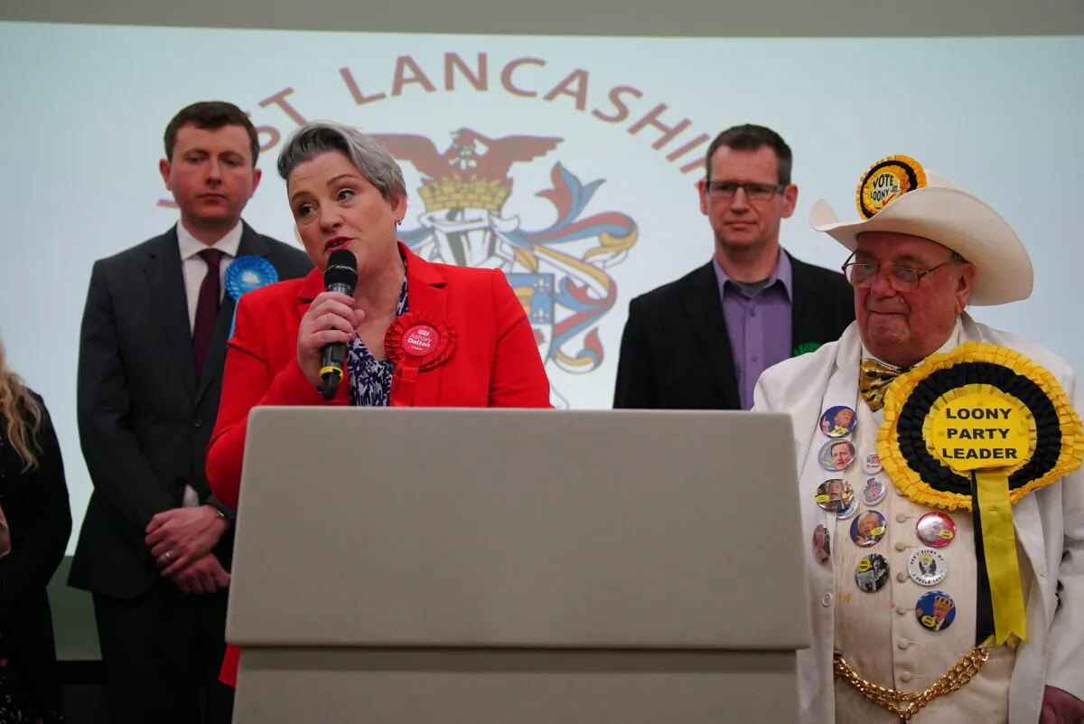 Labour's Ashley Dalton celebrates after being declared the winner in the West Lancashire by-election at Burscough Racquet and Fitness Centre in Ormskirk, Lancashire, on Feb. 10, 2023. (PA Media)
