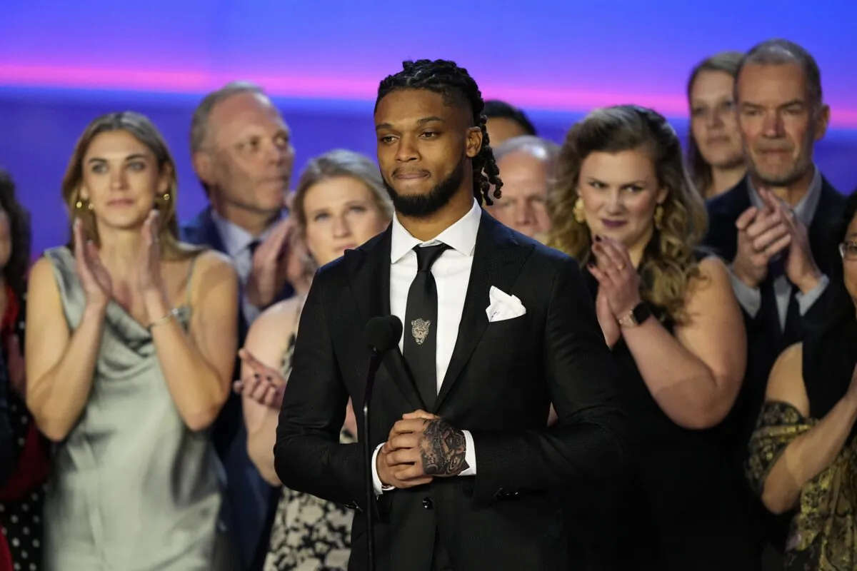Buffalo Bills' Damar Hamlin speaks in front of University of Cincinnati Medical Center staff during the NFL Honors award show ahead of the Super Bowl 57 football game in Phoenix on Feb. 9, 2023. (David J. Phillip/AP Photo)