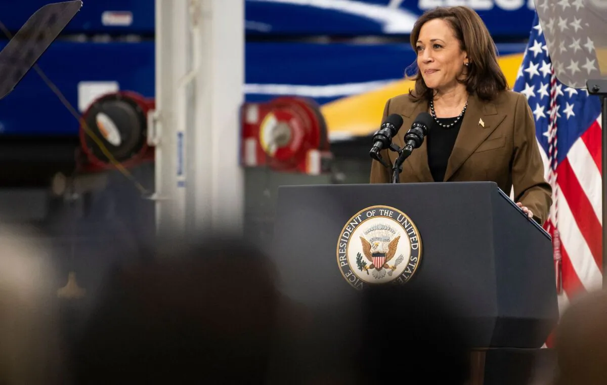 U.S. Vice President Kamala Harris speaks to employees at a production facility of bus manufacturer New Flyer in St. Cloud, Minn., on Feb. 9, 2023. (Stephen Maturen/AFP via Getty Images)