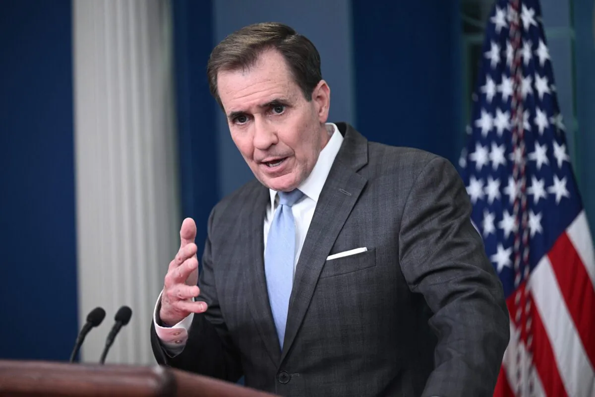 National Security Council Coordinator for Strategic Communications John Kirby speaks during the daily briefing in the Brady Briefing Room of the White House in Washington on Feb. 10, 2023. (Brendan Smialowski/AFP via Getty Images)