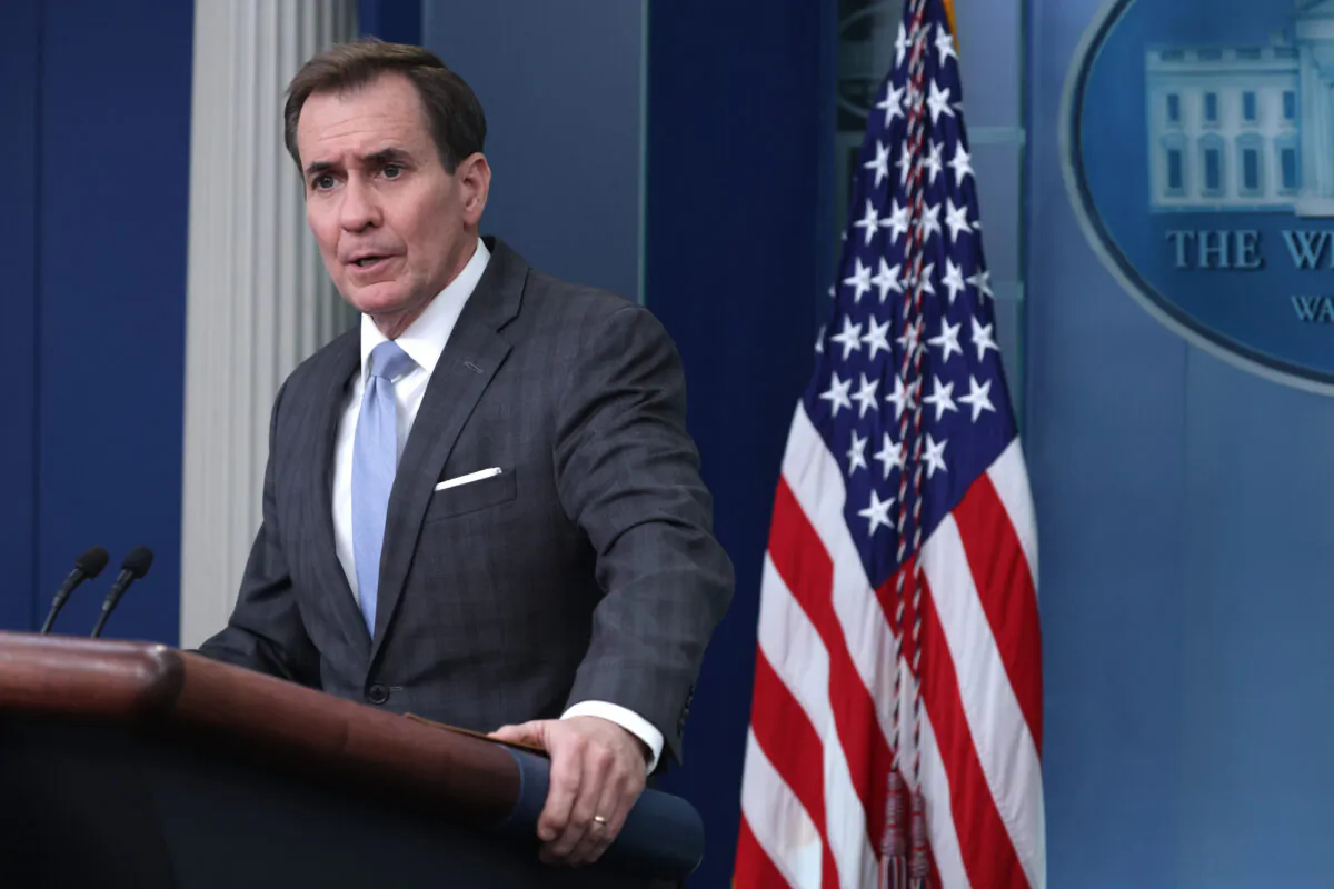 Coordinator for Strategic Communications at the National Security Council John Kirby speaks during a daily news briefing at the James S. Brady Press Briefing Room of the White House in Washington, DC, on Feb, 10, 2023. Kirby announced that the U.S. military, following President Joe Biden’s order, had just shot down a “high-altitude object,” over Alaska. (Alex Wong/Getty Images)