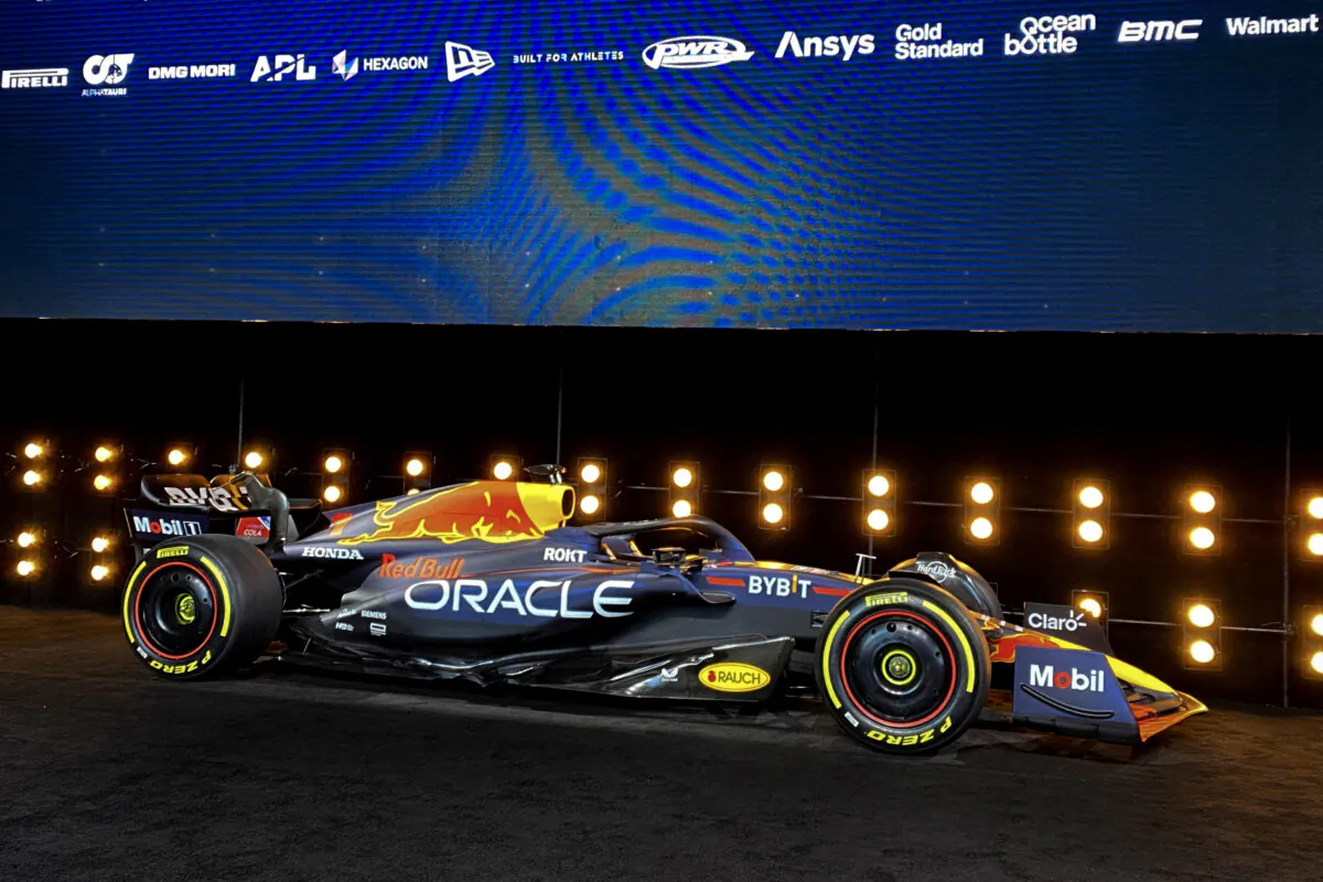 The new Red Bull F-1 Racing Team unveils the RB19 car in a partnership with Ford during a launch event in New York on Feb. 3, 2023. (Christine Kiernan/Reuters)