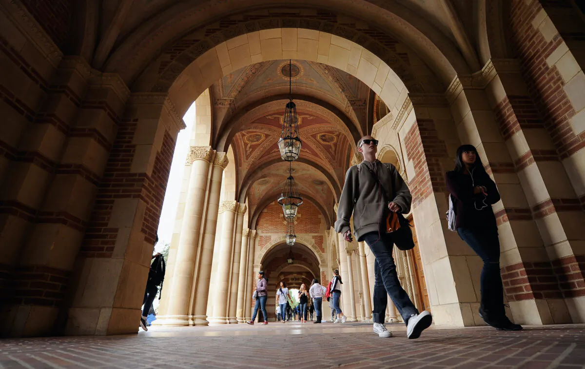 Students walk near Royce Hall on the campus of UCLA in Los Angeles on April 23, 2012. (Kevork Djansezian/Getty Images)