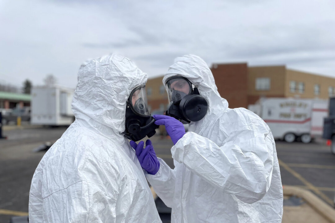 ONG 52nd Civil Support Team members prepare to enter an incident area to assess remaining hazards with a lightweight inflatable decontamination system (LIDS) in East Palestine, Ohio, on Feb. 7, 2023. (Ohio National Guard via AP)