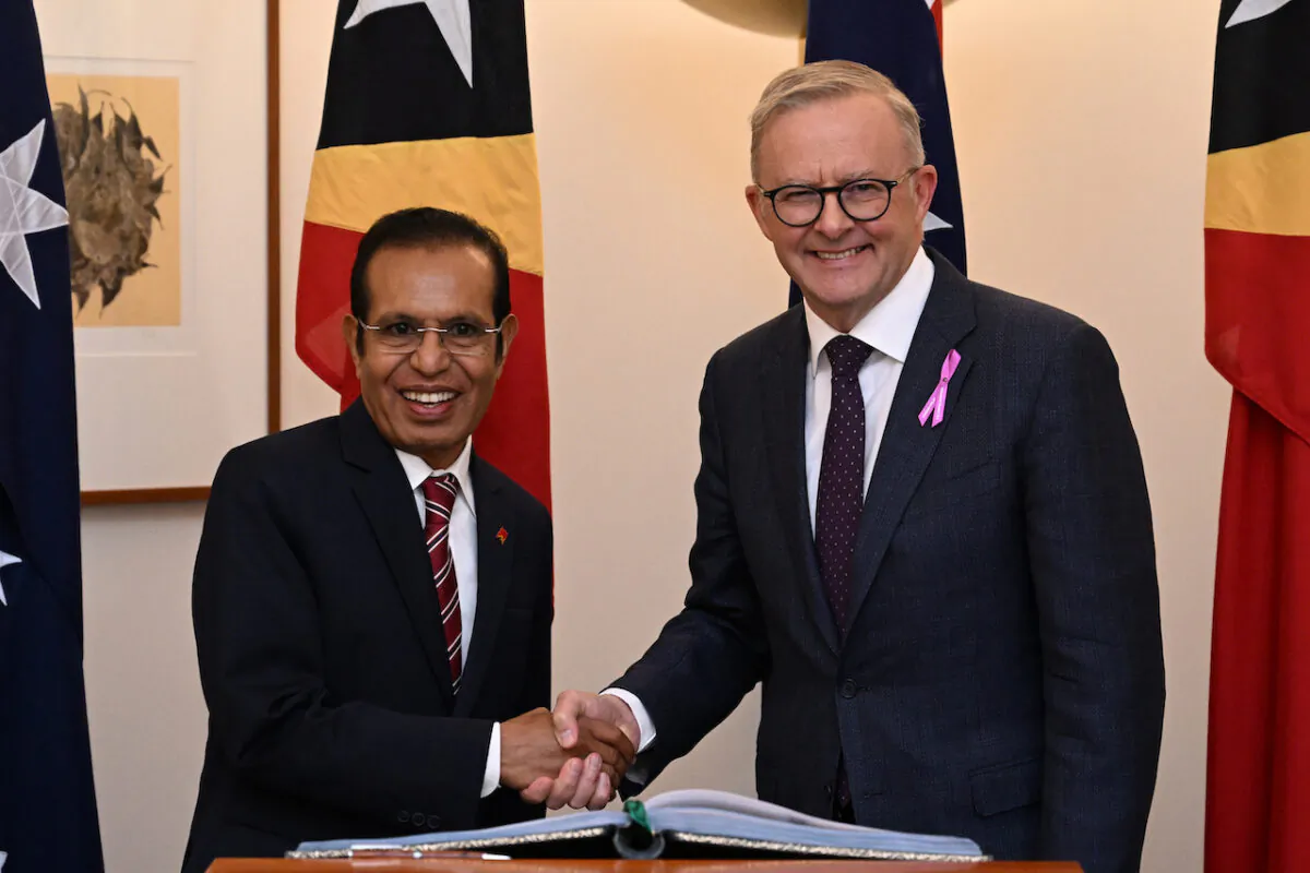 East Timor's Prime Minister Taur Matan Ruak and Prime Minister Anthony Albanese during a visit to Australia, at Parliament House in Canberra on Feb. 8, 2023. (AAP Image/Mick Tsikas)