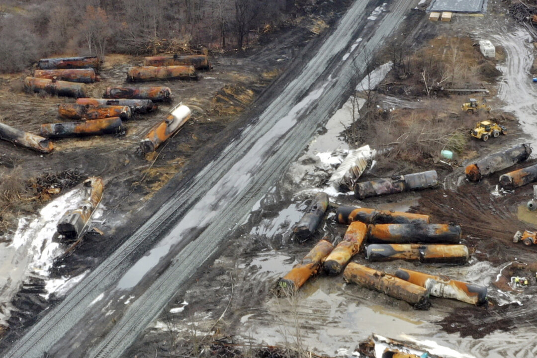 The continuing cleanup of portions of a Norfolk Southern freight train that derailed on Feb. 3 in East Palestine, Ohio, on Feb. 9, 2023. (Gene J. Puskar/AP Photo)