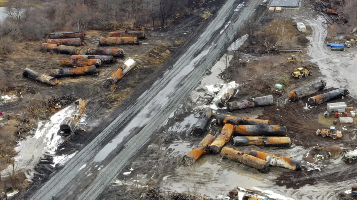 The continuing cleanup of portions of a Norfolk Southern freight train that derailed on Feb. 3, in East Palestine, Ohio, on Feb. 9, 2023. (Gene J. Puskar/AP Photo)