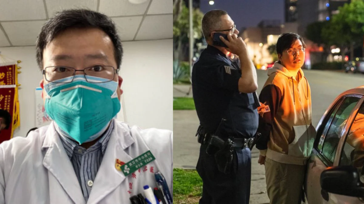 (L) Dr. Li Wenliang (Courtesy of Li Wenliang); (R) A suspect in handcuffs after reportedly vandalizing a vigil commemorating Dr. Li Wenliang in Los Angeles on Feb. 4, 2023 (Courtesy of Jie Li-Jian).