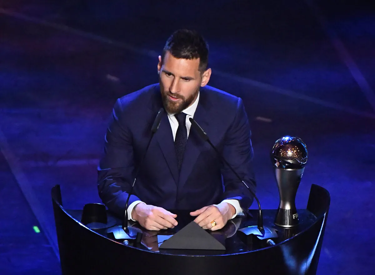 FC Barcelona's Lionel Messi speaks after winning the Best FIFA Men's player award in  Teatro alla Scala, Milan, Italy, on Sept. 23, 2019. (Flavio Lo Scalzo/Reuters)
