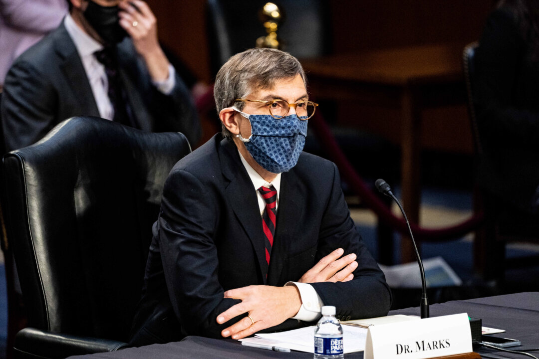 Dr. Peter Marks, director of the Center for Biologics Evaluation and Research within the Food and Drug Administration, during a Senate hearing in Washington on March 18, 2021. (Anna Moneymaker/Pool/Getty Images)