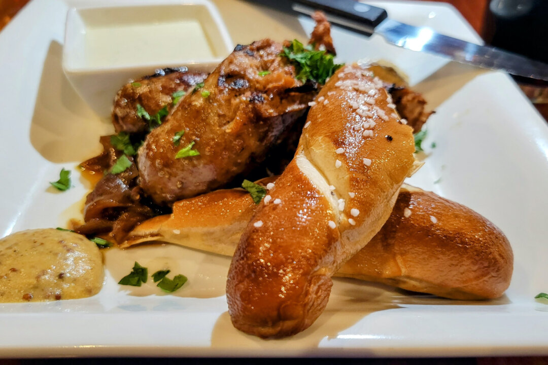 Hops Downtown Grill in Kalispell, Montana, is the place to go for Elk Bratwurst and Ale House Pretzel. (Photo courtesy of Jim Farber)