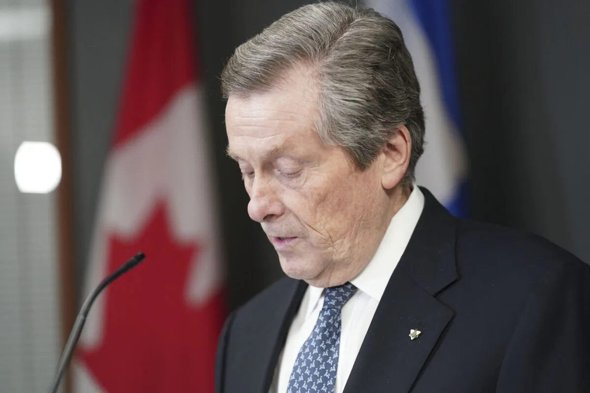 Toronto Mayor John Tory speaks during a press conference at city hall in Toronto on Feb. 10, 2023. (The Canadian Press/Arlyn McAdorey)