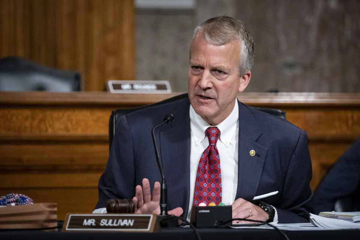 U.S. Sen. Dan Sullivan (R-Alaska) speaks during a Senate Armed Services Committee confirmation hearing in Washington on May 7, 2020. (Al Drago-Pool/Getty Images)