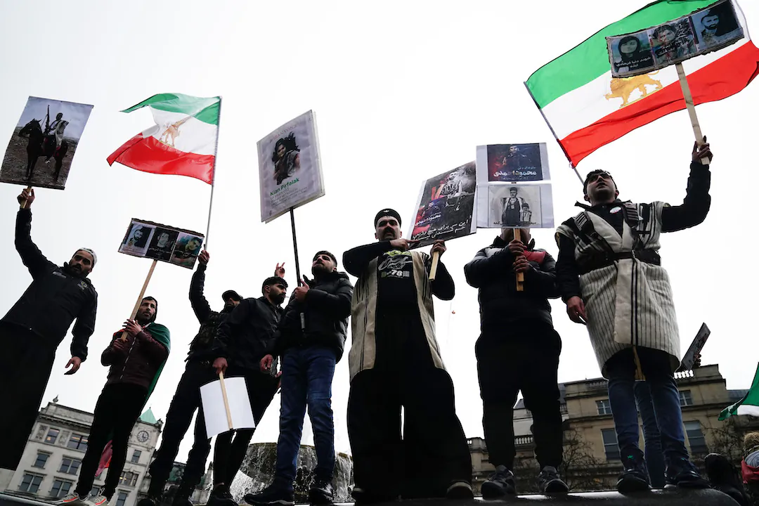Demonstrators against the Islamic Republic in Iran at Trafalgar Square in London on Jan. 8, 2023. (Aaron Chown/PA)