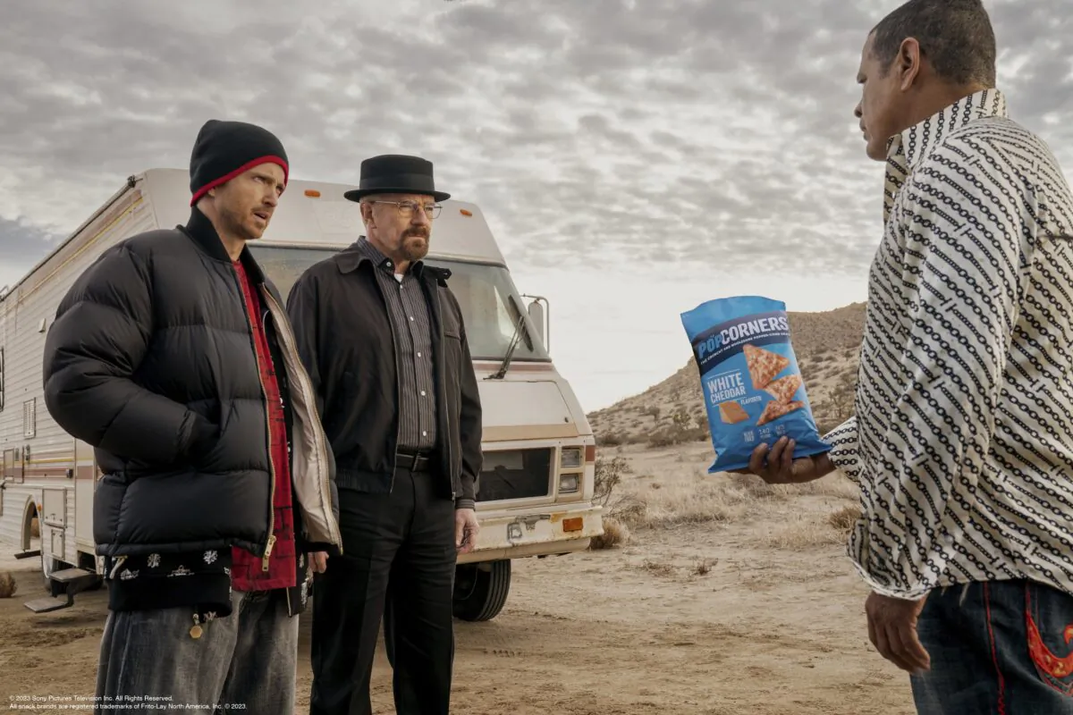 Aaron Paul, Bryan Cranston, and Raymond Cruz in a scene from PopCorners 2023 Super Bowl NFL football spot. (Frito-Lay via AP)