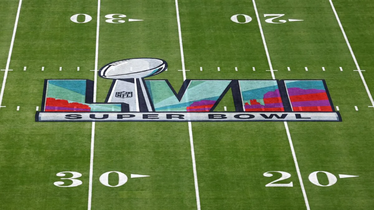 The Super Bowl LVII logo is seen on the field prior to Super Bowl LVII between the Kansas City Chiefs and the Philadelphia Eagles at State Farm Stadium in Glendale, Ariz., on Feb. 12, 2023. (Rob Carr/Getty Images)