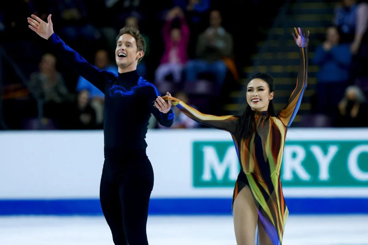 Madison Chock (R) and Evan Bates of the United States skate in the Ice Dance Free Dance program during the ISU Four Continents Figure Skating Championships at Broadmoor World Arena in Colorado Springs, Colo., on Feb 12, 2023. (Michael Ciaglo/USA TODAY Sports)
