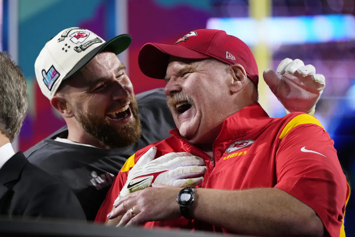 Kansas City Chiefs head coach Andy Reid, right, and Travis Kelce (87) celebrate their win after the NFL Super Bowl LVII football game, in Glendale, Ariz., on Feb. 12, 2023. (Matt Slocum/AP Photo)
