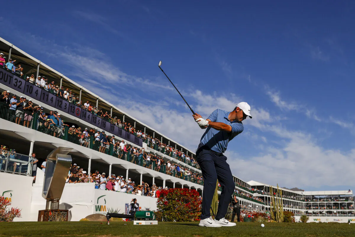 Scottie Scheffler of the United States plays his shot from the 16th tee during the final round of the WM Phoenix Open at TPC Scottsdale in Scottsdale, Ariz.,  on Feb. 12, 2023. (Steph Chambers/Getty Images)