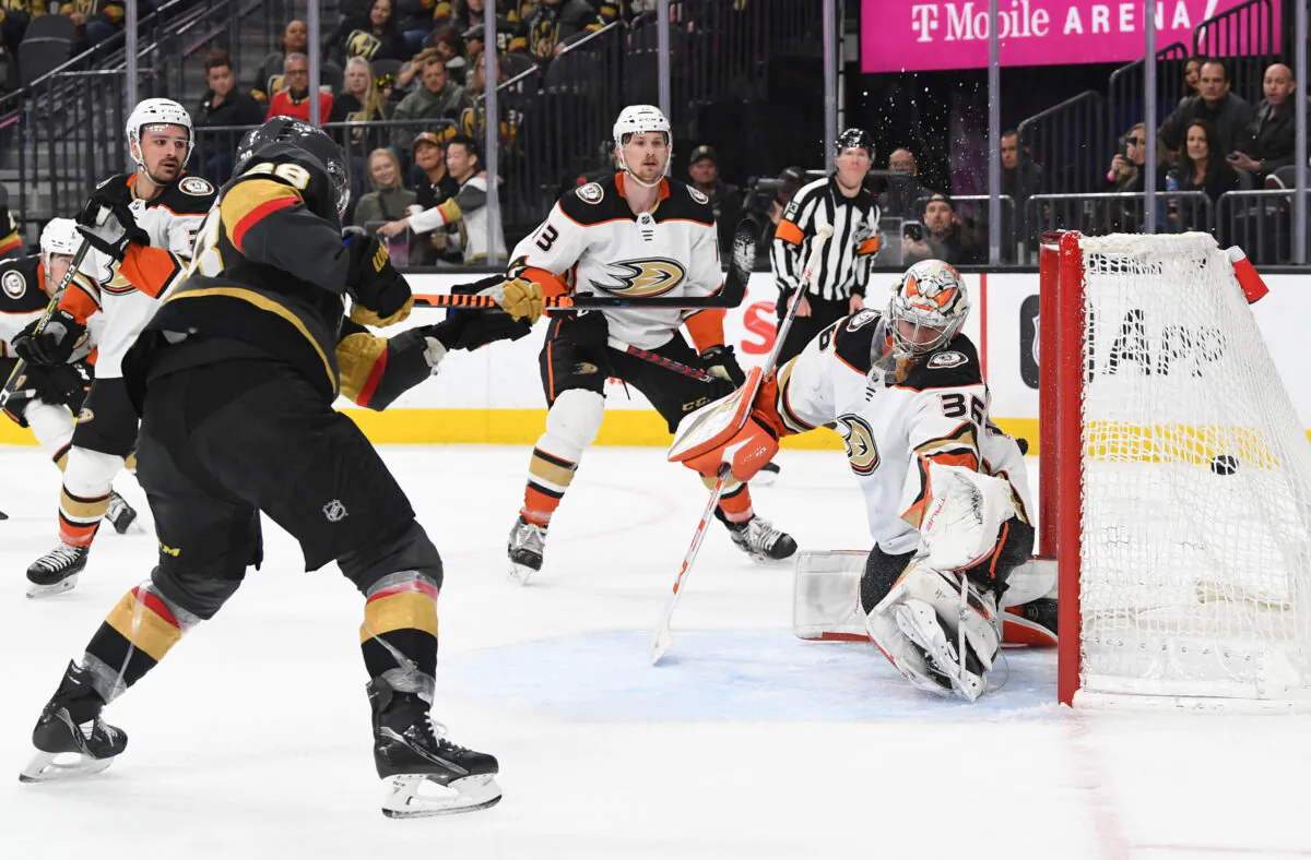 William Carrier (28) of the Vegas Golden Knights scores on John Gibson (36) of the Anaheim Ducks in the third period at T-Mobile Arena in Las Vegas on Feb. 12, 2023. (Candice Ward/Getty Images)