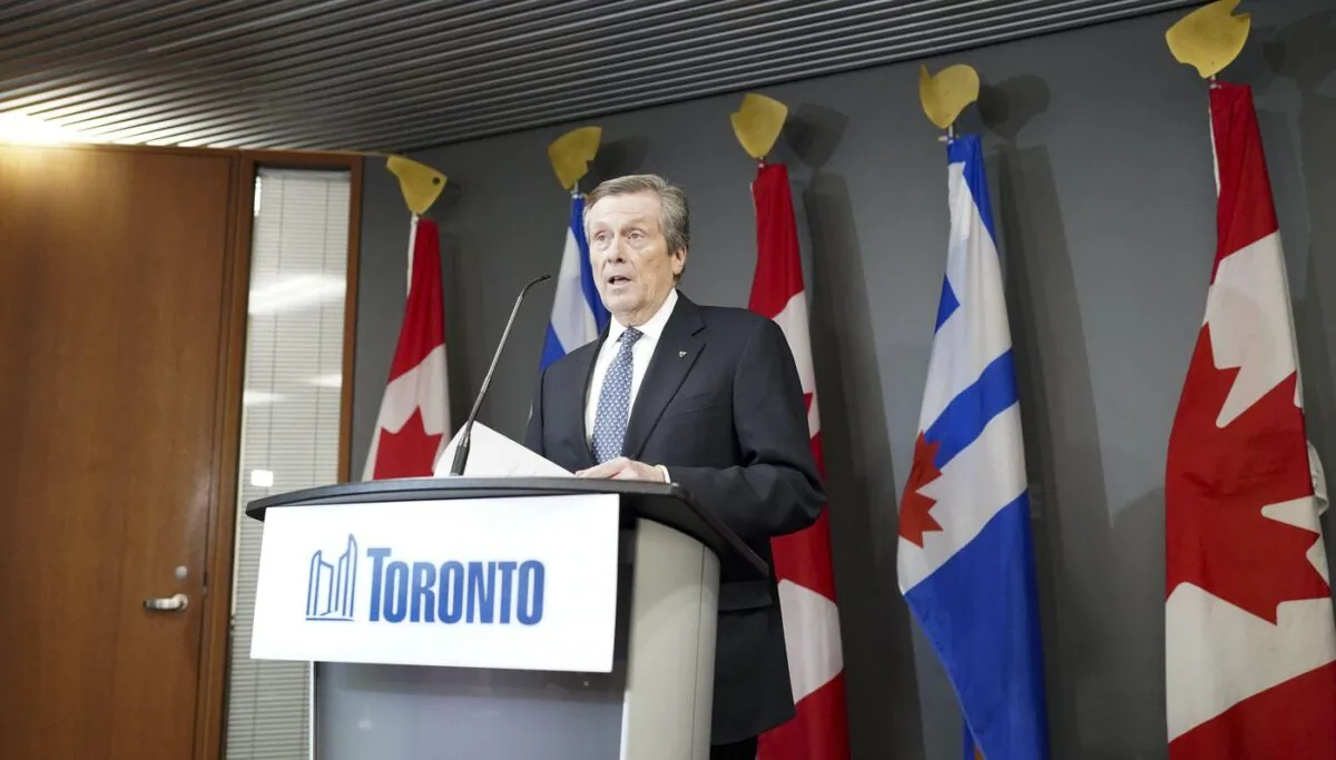 Toronto Mayor John Tory speaks during a news conference at City Hall in Toronto on Feb. 10, 2023. (The Canadian/Arlyn McAdorey)
