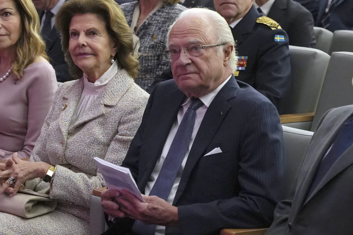 Sweden's King Carl XVI Gustaf and Queen Silvia sit during a visit to the King Hussein Cancer Center in Amman, Jordan, on Nov. 16, 2022. (Raad Adayleh/AP Photo)