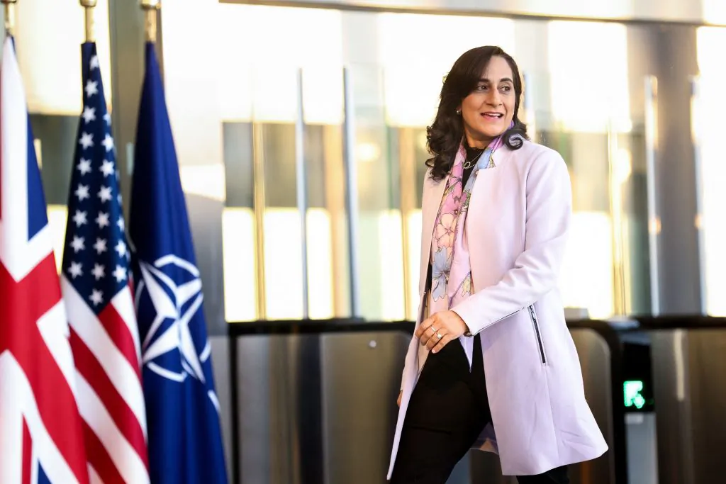 Canada's Minister of Defence Anita Anand arrives for a two-day meeting of the alliance's Defence Ministers at the NATO headquarters in Brussels on Feb. 14, 2023. (Kenzo Tribouillard/AFP via Getty Images)