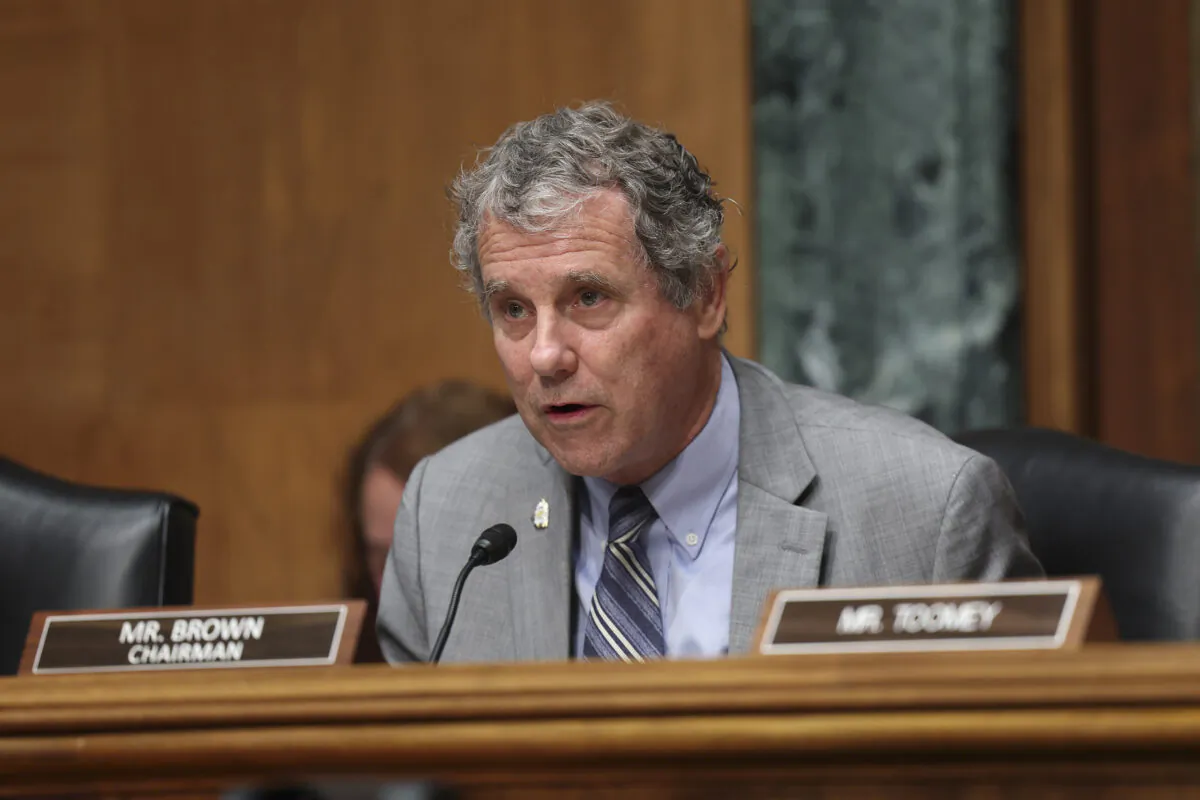 Sen. Sherrod Brown (D-Ohio), delivers remarks at a hearing on Russian sanctions on Capitol Hill in Washington on Sept. 20, 2022. (Kevin Dietsch/Getty Images)
