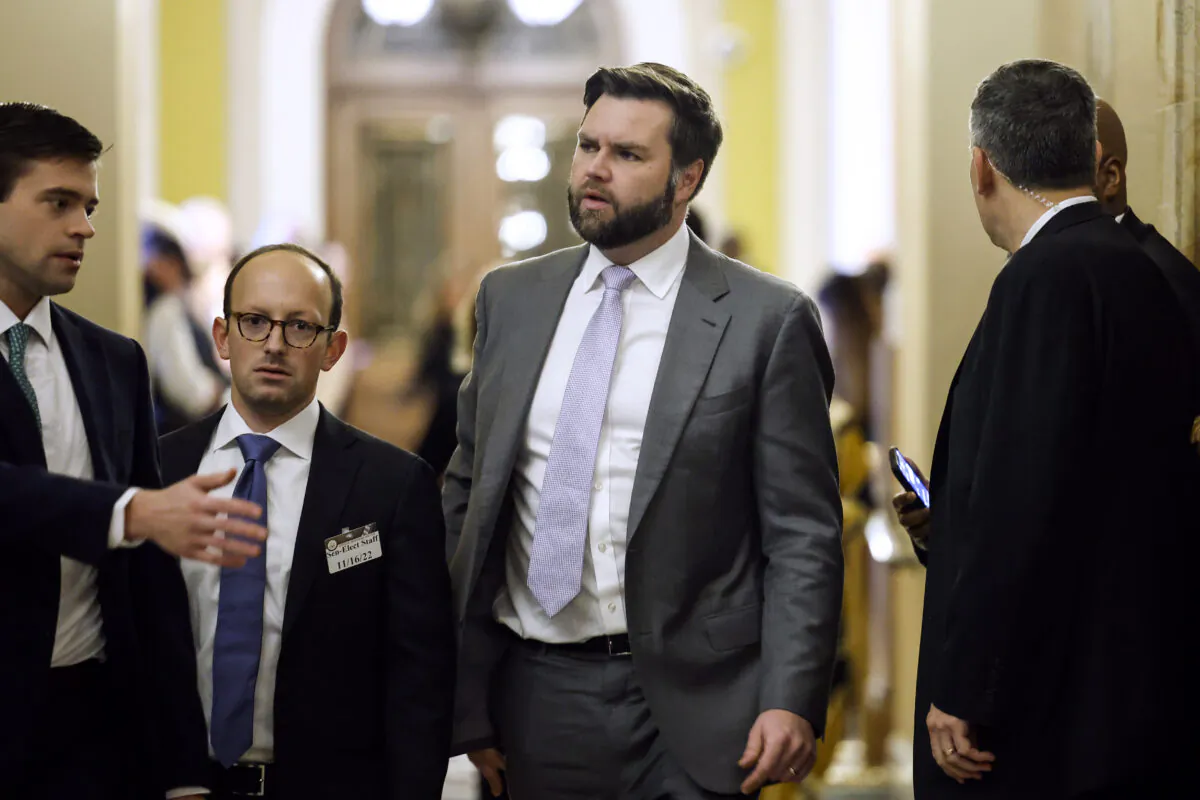 JD Vance (R-Ohio), who was then senator-elect, arrives at a meeting with Senate Republicans at the U.S. Capitol in Washington on Nov. 16, 2022. (Anna Moneymaker/Getty Images)
