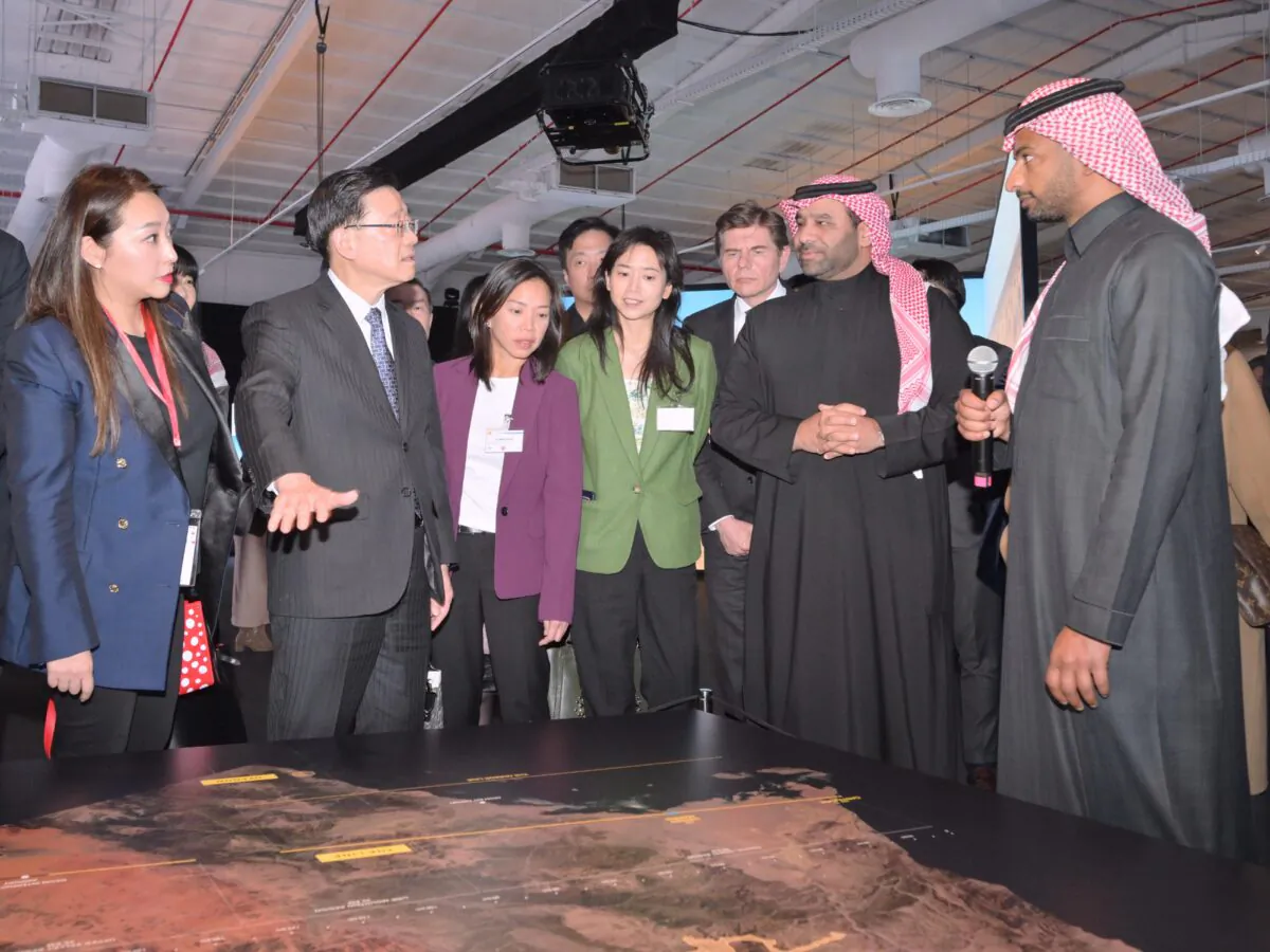 John Lee Ka-chiu (Second L), Hong Kong Chief Executive, visiting THE LINE Experience Exhibition of NEOM Future City in Riyadh, Saudi Arabia on on Feb. 5, 2023. (Hong Kong Information Services Department)