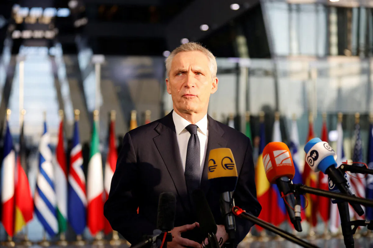 NATO Secretary General Jens Stoltenberg speaks at a NATO defence ministers meeting at the Alliance's headquarters in Brussels, Belgium, on Feb. 14, 2023. (Johanna Geron/Reuters)