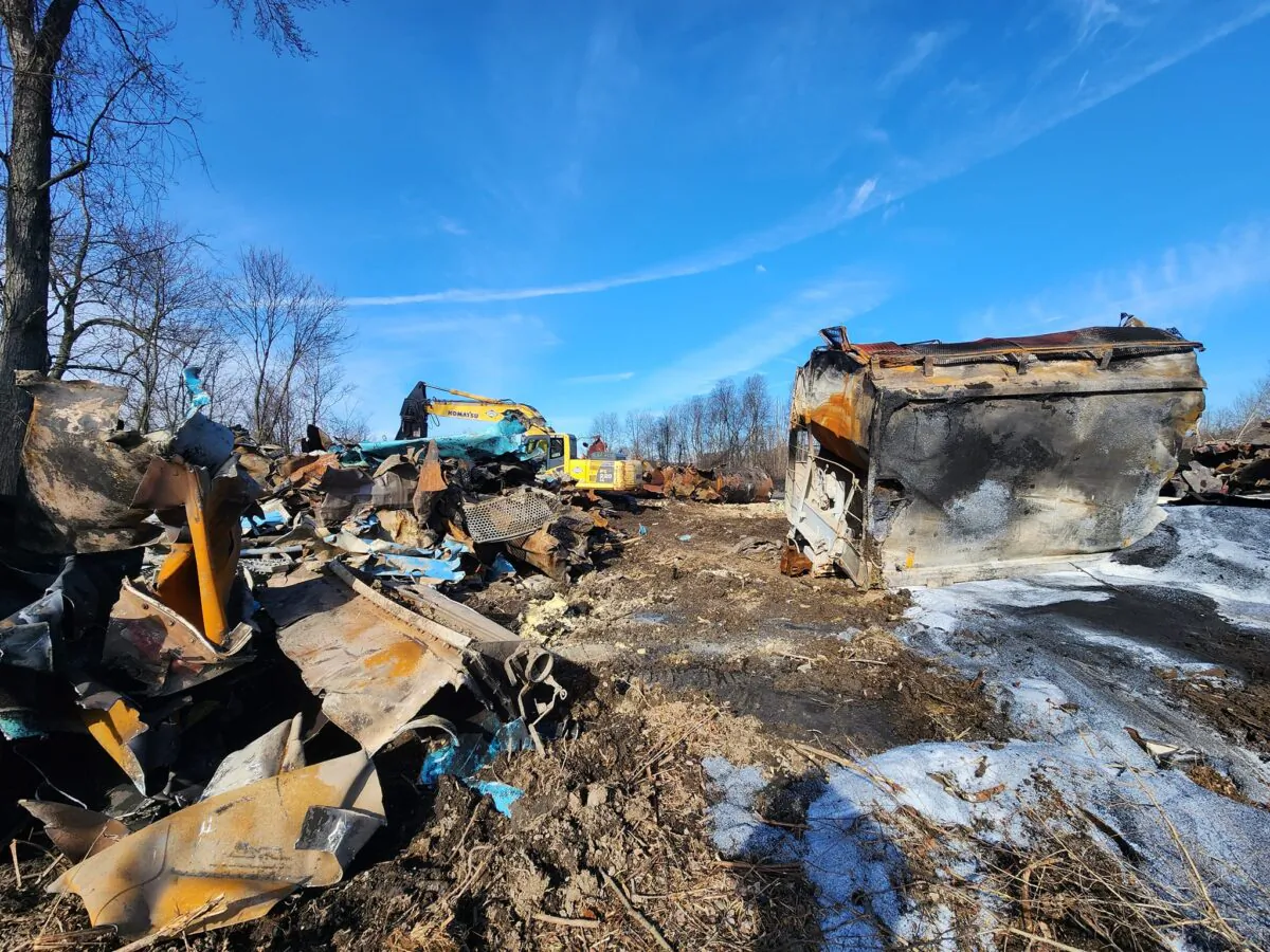 Clean-up continues in the aftermath of the Norfolk Southern Railway train derailment in East Palestine, Ohio. (Jeff Louderback/The Epoch Times)