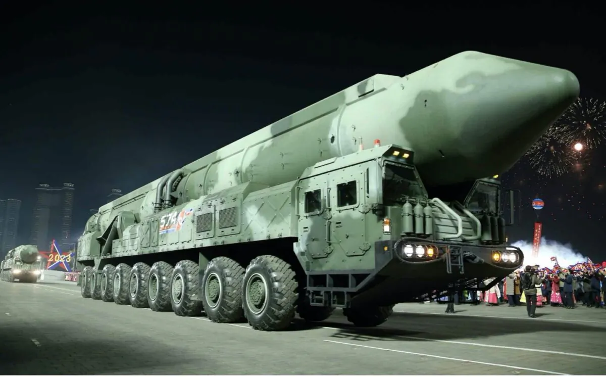 North Korea’s solid-fuel intercontinental ballistic missile (ICBM) on its Chinese-made or designed transporter erector launcher (TEL) was revealed at a military parade in Pyongyang on Feb. 8, 2023. (Courtesy of Rick Fisher via Rodong Sinmum)