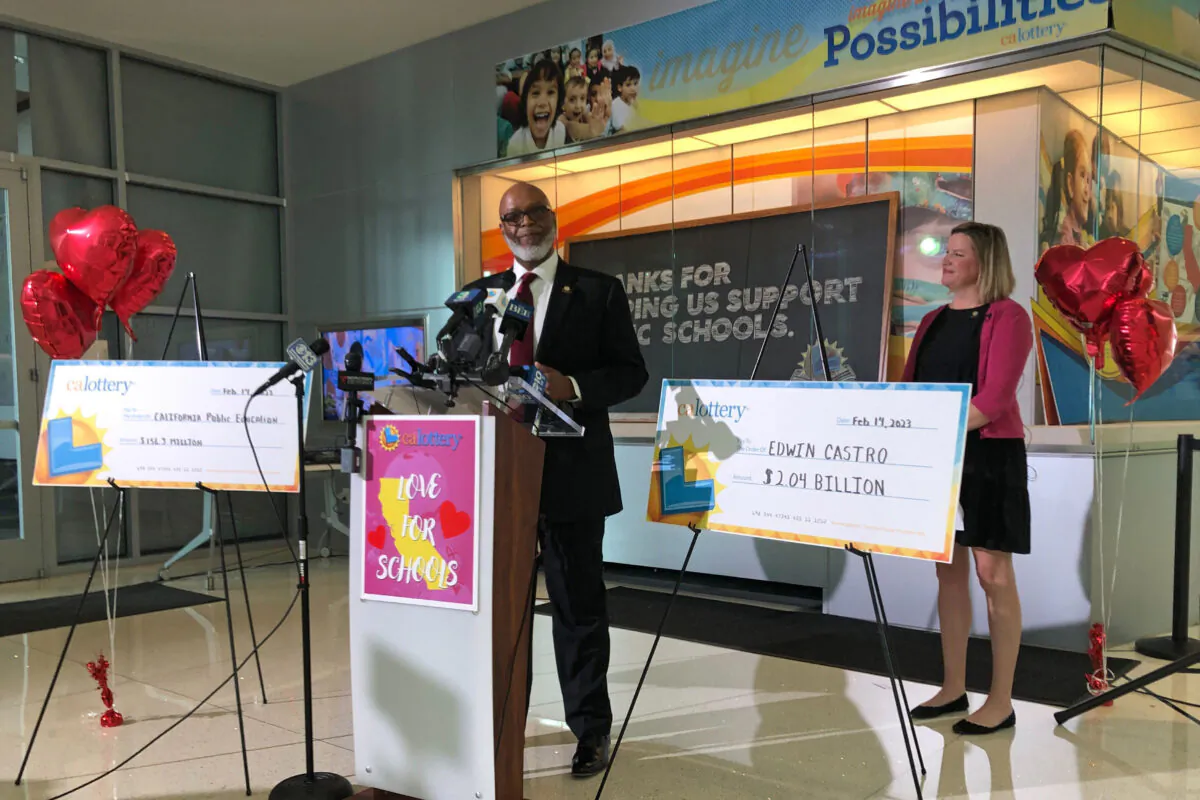 California Lottery Director Alva Johnson announces that Edwin Castro won November's record-high $2.04 billion PowerBall jackpot, in Sacramento, Calif., on Feb. 14, 2023. (Adam Beam/AP Photo)