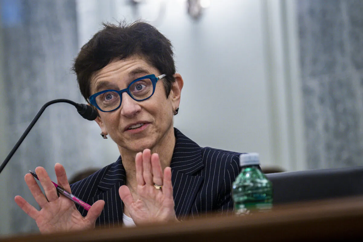 Gigi Sohn testifies during a Senate Commerce, Science, and Transportation Committee confirmation hearing examining her nomination to be appointed Commissioner of the Federal Communications Commission in Washington on Feb. 9, 2022. (Pete Marovich-Pool/Getty Images)