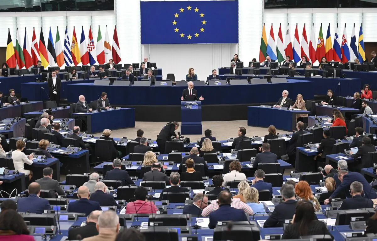 Latvian President Egils Levits delivers a speech as part of a plenary session at the European Parliament in Strasbourg, France, on Feb. 14, 2023. (Frederick Florin/AFP via Getty Images)