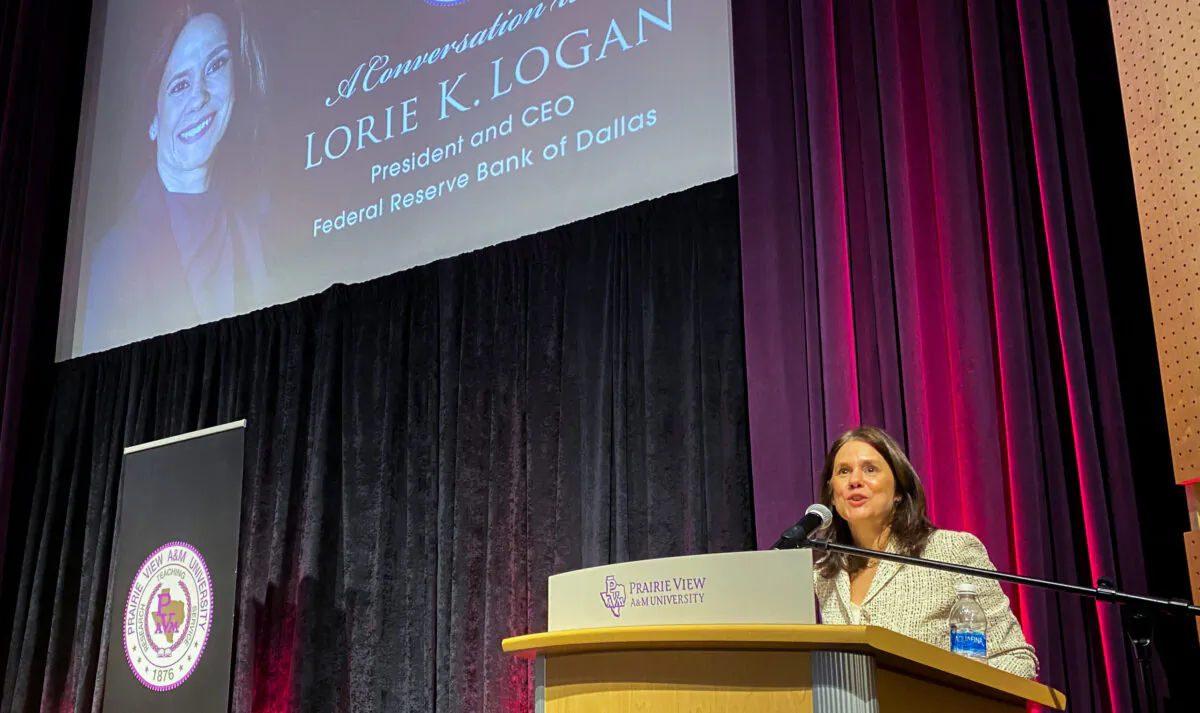 Dallas Federal Reserve Bank President Lorie Logan speaks at Prairie View A&M University in Prairie View, Texas on Feb. 14, 2023. (Ann Saphir/Reuters)