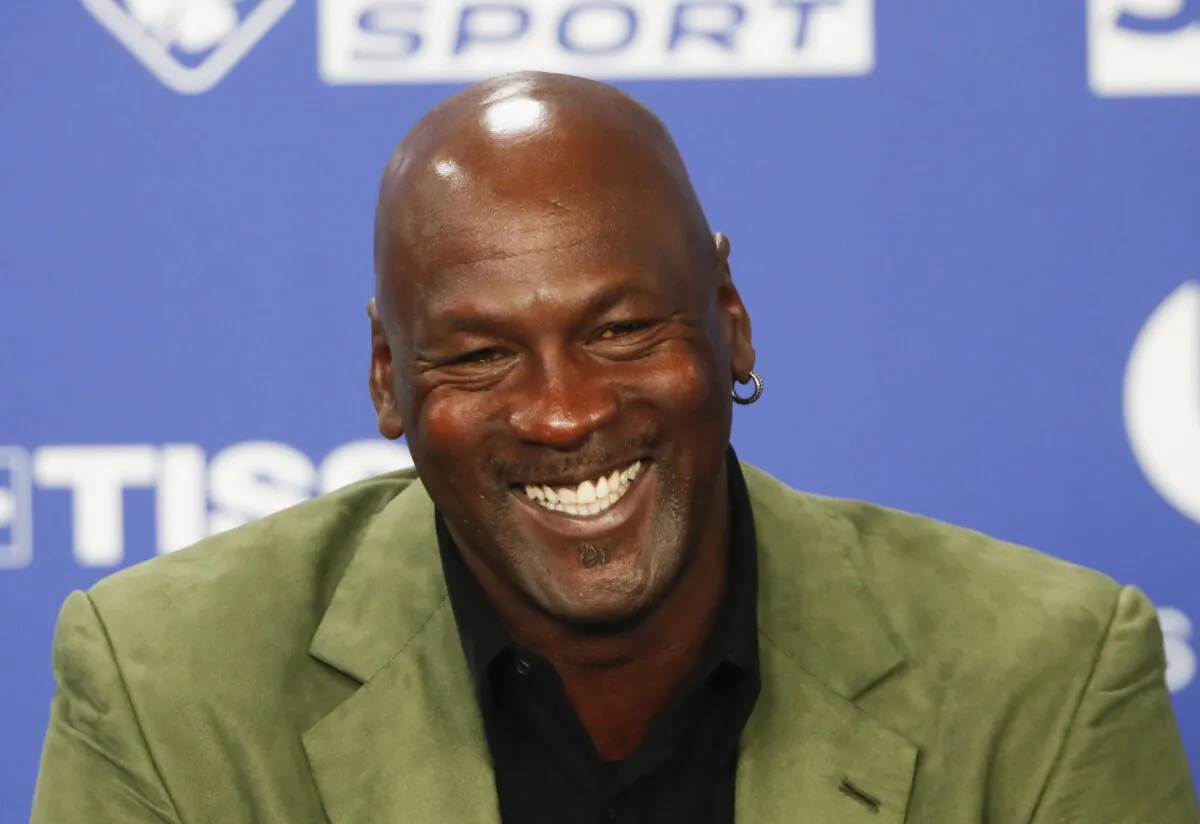 Basketball legend Michael Jordan speaks during a press conference ahead of an NBA basketball game between the Charlotte Hornets and Milwaukee Bucks in Paris on Jan. 24, 2020. (Thibault Camus/AP Photo)