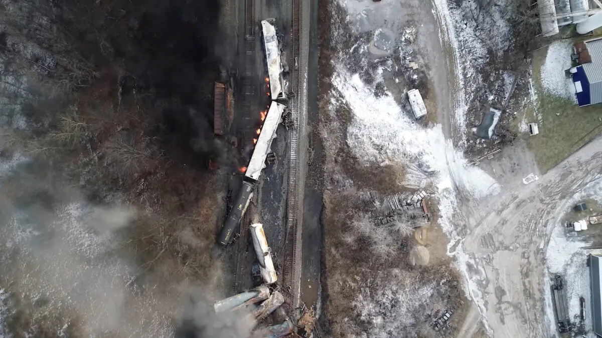 Drone footage shows the freight train derailment in East Palestine, Ohio, on Feb. 6, 2023. (NTSBGov/Handout via Reuters)