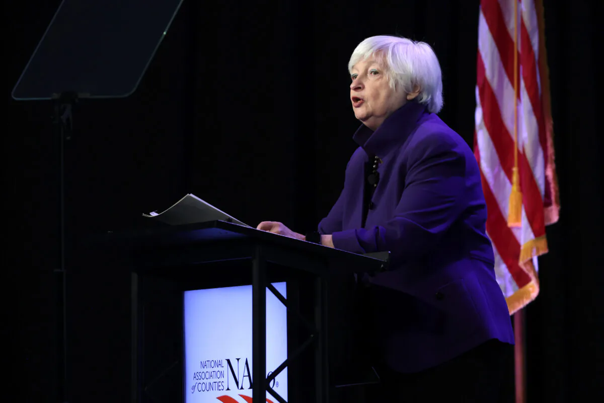 Treasury Secretary Janet Yellen delivers remarks at the National Association of Counties legislative conference at the Washington Hilton Hotel in Washington on Feb. 14, 2023. (Alex Wong/Getty Images)