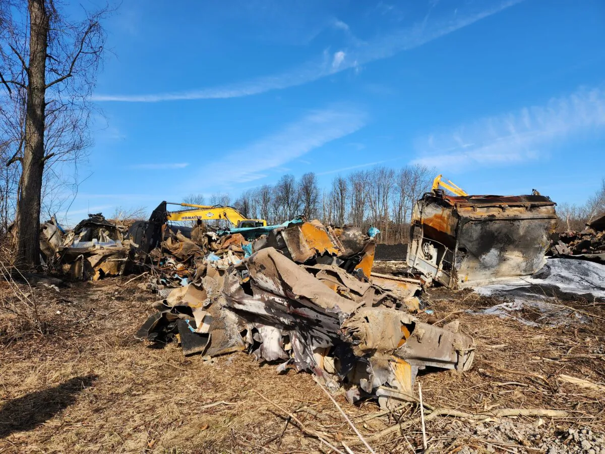 Cleanup continues at the site of the Norfolk Southern Railway train derailment in East Palestine, Ohio. (Jeff Louderback/The Epoch Times)