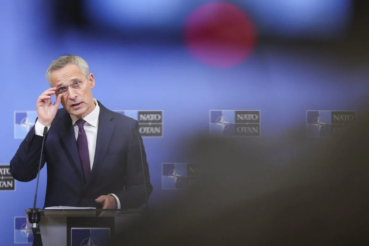 NATO Secretary General Jens Stoltenberg speaks during a news conference following. Meeting of defense ministers at NATO headquarters in Brussels, Feb. 15, 2023. (The Canadian Press/AP-Olivier Matthys)