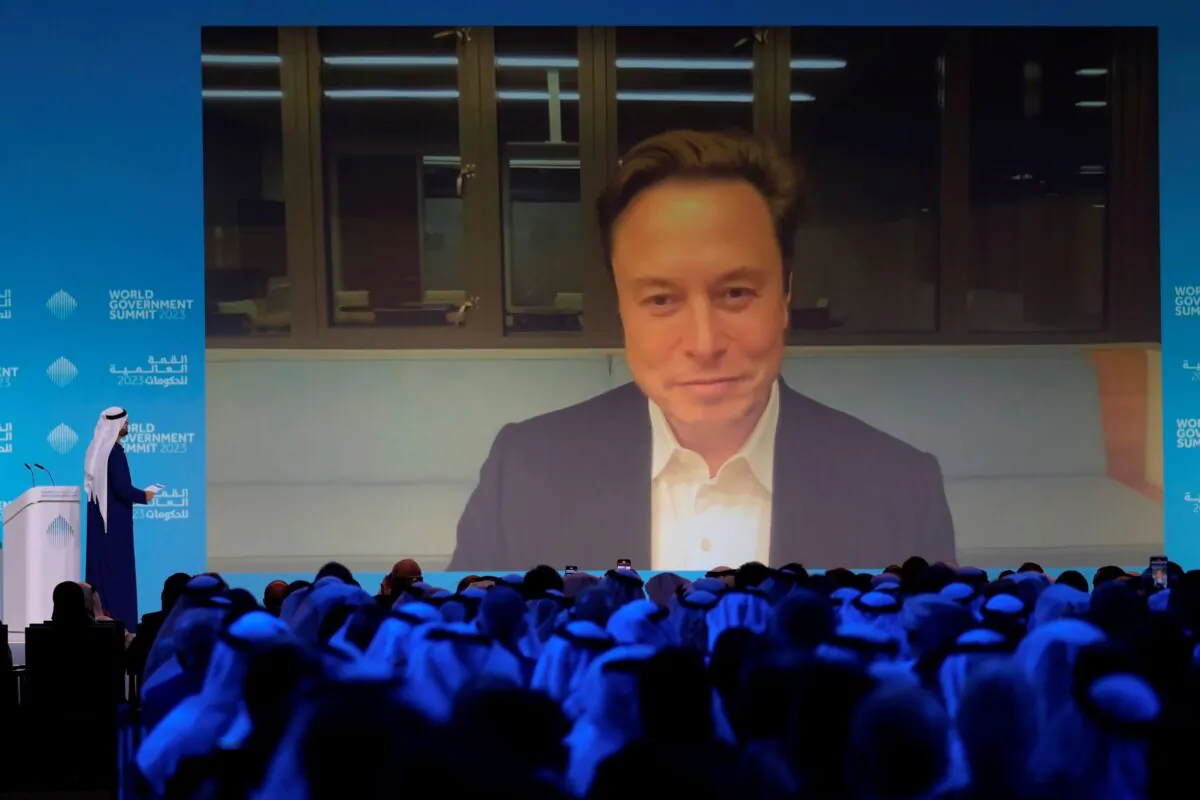 Elon Musk talks virtually to UAE Minister of Cabinet Affairs Mohammad Al Gergawi during the World Government Summit in Dubai, United Arab Emirates, on Feb. 15, 2023. (Kamran Jebreili/AP Photo)