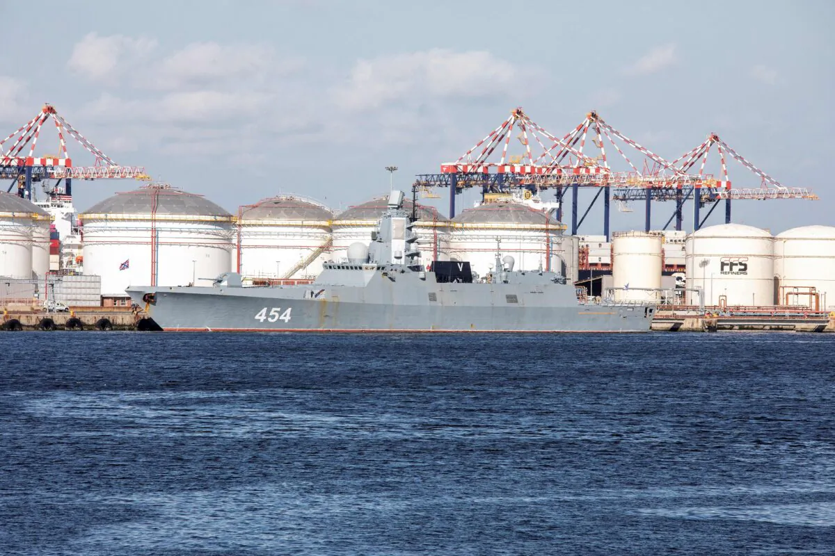 A general view of Russian military frigate 'Admiral Gorshkov' docked in the harbor of Cape Town ahead of 10-day joint maritime drills being staged alongside South Africa and China, in South Africa, on Feb. 13, 2023. (AFP via Getty Images)