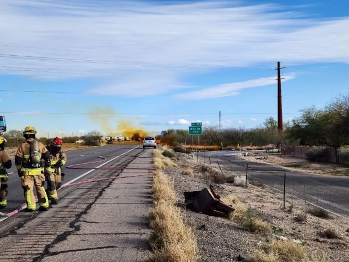 A commercial truck tanker rolled over on Interstate 10 in Tucson, Ariz., on Feb. 14, 2023. (Arizona Department of Public Safety)
