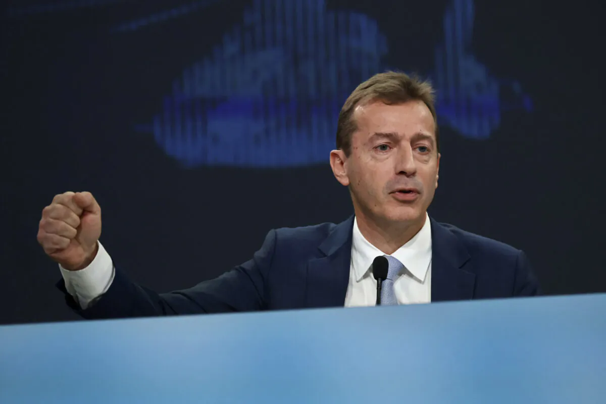 Airbus Chief Executive Officer Guillaume Faury gestures during Airbus' Annual Press Conference in Toulouse, southwestern France, on Feb. 16, 2023. (Frederic Scheiber/AP Photo)