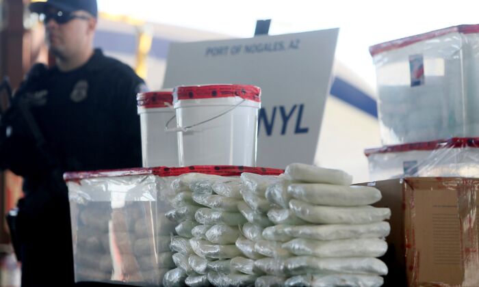 A display of the fentanyl and methamphetamine that was seized by U.S. Customs and Border Protection officers at the Nogales Port of Entry in Nogales, Ariz., on Jan. 31, 2019. (Mamta Popat/Arizona Daily Star via AP)