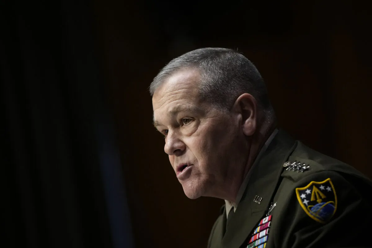 Gen. James Dickinson, commander of U.S. Space Command, testifies during a Senate Armed Services Committee hearing in Washington on March 8, 2022. (Drew Angerer/Getty Images)
