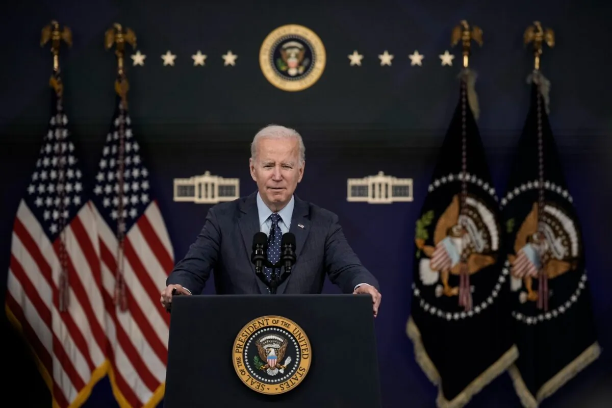 President Joe Biden speaks about the U.S. response to the high-altitude Chinese balloon and three other objects that were recently shot down by the U.S. military over American airspace, in the South Court Auditorium at the White House complex Feb. 16, 2023. (Drew Angerer/Getty Images)